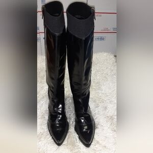 BLACK LEATHER  COWBOY KNEE BOOTS